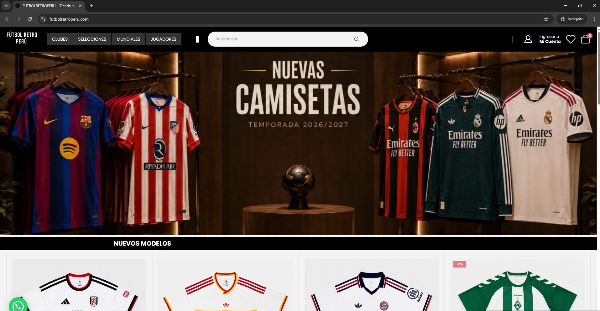 Captura del ecommerce de camisetas de fútbol